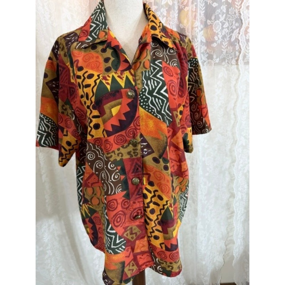 Vintage Notations Petite Abstract Tribal Print Button Down Shirt Elephant Button